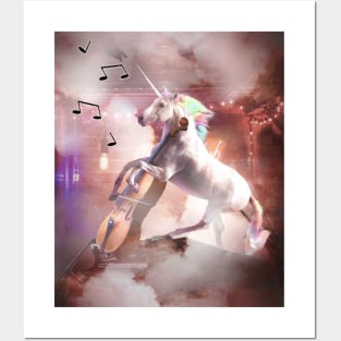 Funny Cute Rainbow Unicorn Playing Cello Posters and Art